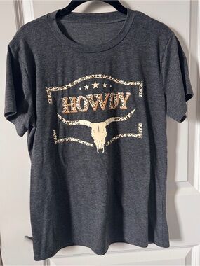 Howdy Leopard Accent Skull Graphic Tee - Charcoal-Small